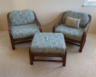 Brown Jordan Rattan Mid Century Bamboo Chairs w/Ottoman