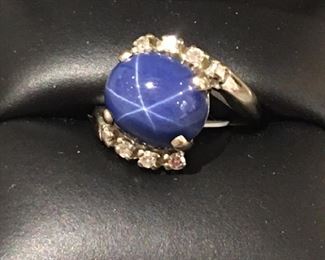 14k Yellow Gold Ring with Star Sapphire & Diamonds