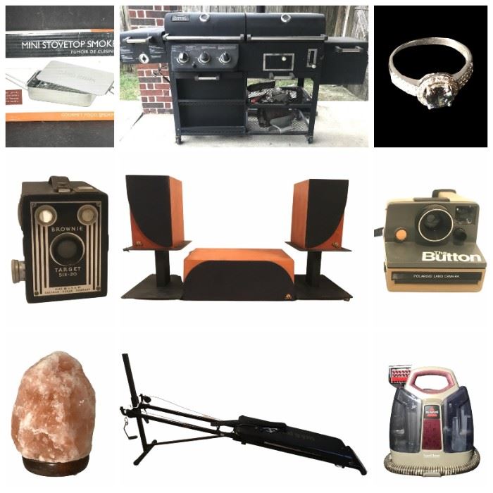 1977 Dallas Cowboys Poster - Upholstered Swivel Rocker Chairs - Sterling Silver Rings - GE Profile Stainless Steel Refrigerator - Cherry Ethan Allen Entertainment Units - Pro Series Smoke Hollow BBQ Grill - J.L. Kugler Signed Wall Art - Realistic Turntable - Carved Dolomite Parrot - Bass Earth Black Sandals 9 M - Vintage Film Cameras - Total Gym Rowing Machine - Vintage Royal Typewriter - GE Chest Freezer - Castle Speaker System - File Cabinets - Camping Equipment - Texans Autographed Photo - Etc.