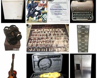 1977 Dallas Cowboys Poster - Upholstered Swivel Rocker Chairs - Sterling Silver Rings - GE Profile Stainless Steel Refrigerator - Cherry Ethan Allen Entertainment Units - Pro Series Smoke Hollow BBQ Grill - J.L. Kugler Signed Wall Art - Realistic Turntable - Carved Dolomite Parrot - Bass Earth Black Sandals 9 M - Vintage Film Cameras - Total Gym Rowing Machine - Vintage Royal Typewriter - GE Chest Freezer - Castle Speaker System - File Cabinets - Camping Equipment - Texans Autographed Photo - Etc.