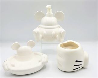 Disney Mickey Mouse White Ceramic Bathroom Decor Set - Soap Dish, Mickey Hand Container and Liquid Soap Dispenser