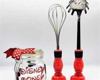 Minnie Mouse Disney Money Jar and Two Mickey Mouse Kitchen Utensils