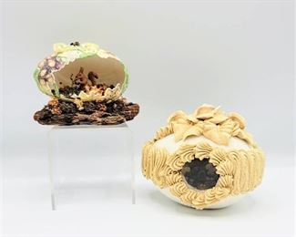 Vintage Easter Hard Sugar Egg with Bunnies Diorama & Carved Hand Painted Squirrel Nature Egg Diorama