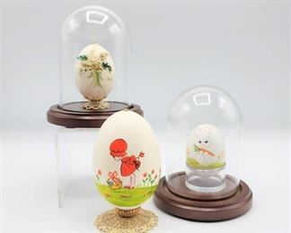 3 Decorative Hand Painted Easter Eggs with Two Wood and Glass Dome Displays