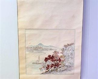 Asian Scroll Art with Silk Threads Signed 19.25w x 35.5t