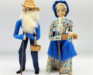 Amazing Folk Old Country Couple Fabric Dolls - 9"tall excellent condition!