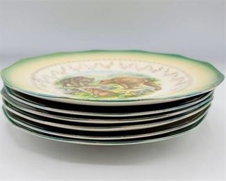 6 Antique Sterling China Transfer Pattern Plates - Buffalo, Deer, Rabbits, Wild Boar, Fox, Bears