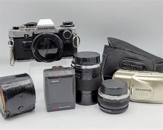 Vintage Olympus OM-10 35mm SLR camera - Zuiko 50mm lens - 2 more lenses, Olympus Stylus Epic and Strobe