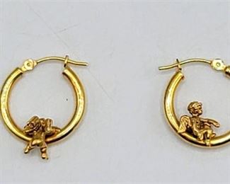 14K Gold Angel Cherub Hoop Earrings Pierced
