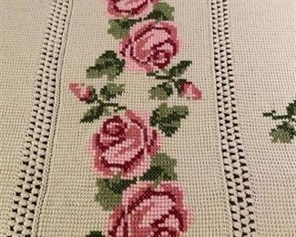 Vintage Rose-Motif Cross Stitch Crochet Afghan with Pom Pom Corners Hand Made By Mary Ann Murphy