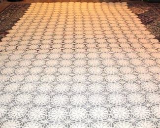 Vintage Hand-stitched Linen Coverlet, Tablecloth, Boho Throw, Star Web Floral Pattern Antique Ivory 101" x 56"