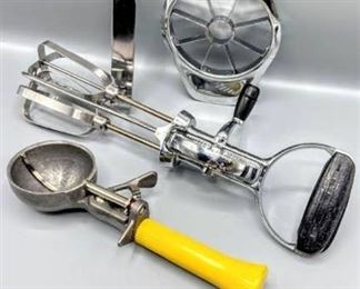 Vintage Lot ECKO BEST Stainless Steel Black Plastic Handle Hand Mixer, Egg Beater, USA Bonny Prod. Co. #16 Yellow Ice Cream Scoop, Made In Italy Garlic Press and Red Plastic Handle Cheese Knife Made in China