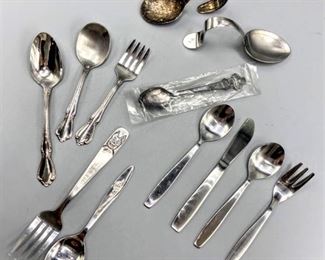 12 piece set of miniature utensils, Including 5 inch Chicago tribune 1978 stainless fork by Bonnie also Geneva Rolex collectible Bucherer of Switzerland spoon still in plastic RX half and 1 teaspoon serving by echo stainless and more