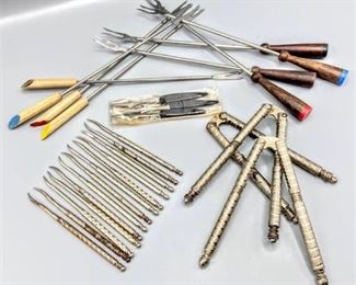 Assorted Vintage Lot of Entertaining Utensils including Fondue Forks, Nut Crackers and Picks and more!