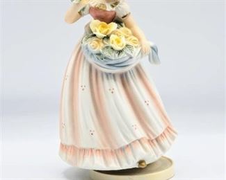 Berman & Anderson Music Box Figurine of Young Girl with Yellow Roses