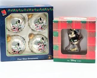 4 New in Box Mickey & Minnie Mouse Glass Ornaments and Minnie Mouse Skiing Ornament