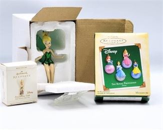 (2) Hallmark Keepsakes Disney Miniature Ornaments Disney Princesses and Tinkerbell - Plus a Beautiful Tinkerbell Ornament!