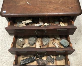 Oak three drawer cabinet with 19th/20th century rock collection
