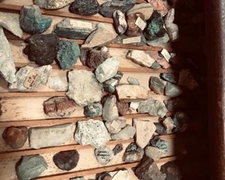 Oak three drawer cabinet with 19th/20th century rock collection