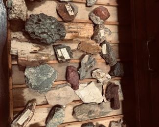 Oak three drawer cabinet with 19th/20th century rock collection