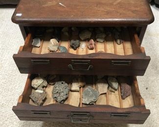 Oak three drawer cabinet with 19th/20th century rock collection