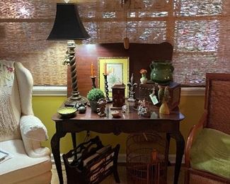 Barley Twist lamp and English mahogany game table 