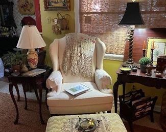 Signed Gail Pittman table lamp
Ivory brocade wind back chair
Intricately carved English occasional table 