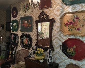 Dozens of hand painted English tole trays