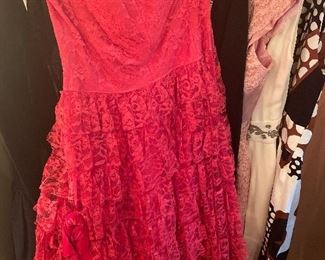 Red lace and satin strapless gown