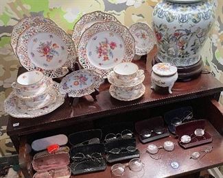 Vintage china and Victorian eye glasses 