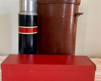 Senator John Fulbright's leather lunch bucket with red metal container and thermos