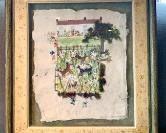 English Artist Lucy Loveheart - Original watercolor on handmade recycled paper and hand embellished in paper, natural items and more. This painting is float mounted in a handmade sage and beige frame.