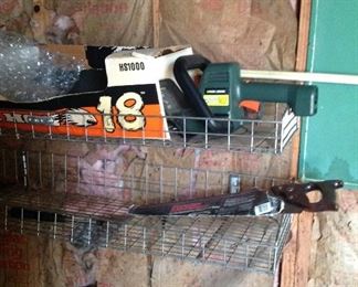 Hedge trimmers, saw, ax