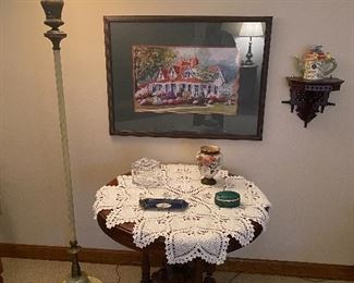 Table, vintage lamp picture, shelf & crochet table cover with more collectibles