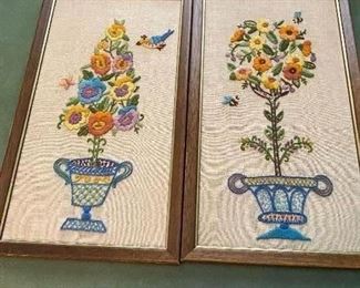 Crewel matching framed pictures