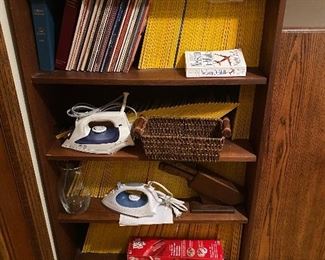 Shelf unit, 2 irons & miscellaneous