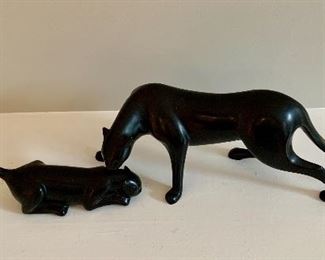 $450 Pair - Loet Vanderveen panther mom and unsigned cub - mom is 4"H x 12"L and cub is 3.5"H and 7.5"L