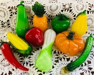 #9) $40 for all 10 pc Vintage Glass Murano Style Fruit and Vegetables. Pineapple, cucumber, celery, apple, Chile pepper, corn on the cob etc. Size Varies -They measure between 4 to 8 inches long (approximately) 