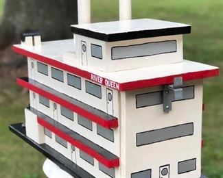 #13) $52.50 NOW 30% OFF (was $75 ) Hand-made Wood Folk Art Riverboat Mailbox -Replica of St Louis River Queen Paddle Boat. Functional Mail box to add to your own post.
H 20.5”, W 32”, D 11” this is truly one of a kind! (1 of 2 Views) 