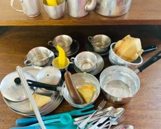 #11) $14 Now 50% off (was $28 ) for all 47 pc Vintage Kids Cookware, plastic food etc.. Flatware marked made In Switzerland, Some pieces marked Italy by Creative Playthings Inc.  These have been played with/loved and are sold as is as shown. (1 of 2 views) 