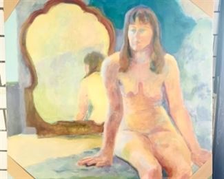 #37) $48 NOW 20% off (was $60 ) Vintage Oil Painting of Sitting Nude Reflection by Madelyn Forman. Painted in her youth, she would be 85 years old now. She sold her work in various galleries in New Mexico. Canvas Measures approx 32” x 32’’