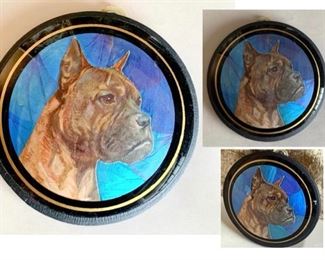 #38) $44 NOW 20% OFF (was $55 ) Rare and Unique Vintage 1930s/40s NOS Framed Butterfly Wing Art of Boxer DOG Breed. Circular Glass Frame Measures approx 4.75 in diameter. 