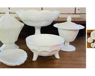 #30) $25 for all 7 pc (includes lids) of Vintage Milk/White Glassware. 2 Lidded Candy Dishes, Fruit Bowl, Compote and Shell dish. 