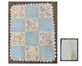 #33) $15 Vintage Hand Stitched /Hand Embroidered Baby Quilt. Baby Blue and White Block Squares with Flowers and images of a Cat, Dog, Pig, Lamb, Goat and Deer. Backside has some yellowing/needs washing.