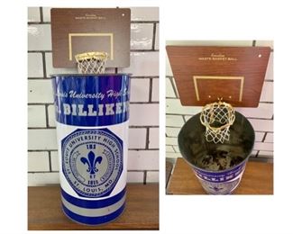 #34) $20 Unusual Vintage St Louis , Mo University High School Jr Billiken Trashcan. Blue and White Metal with BASKET HOOP to catch your trash. Inside as is from years of use and shows normal wear. (1 of 2 Views) 