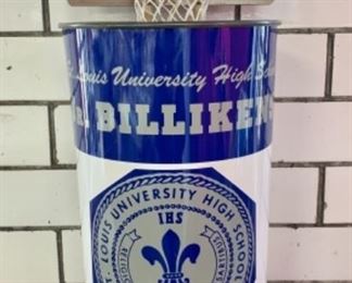 #34) $20 Unusual Vintage St Louis , Mo University High School Jr Billiken Trashcan. Blue and White Metal with BASKET HOOP to catch your trash. Inside as is from years of use and shows normal wear. (1 of 2 views) 