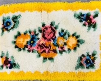 #19) $20 Vintage Hand Hooked Rug. Thick shaggy pile with colorful flowers and leaves .Approx 34’’ x 22’’. See pics for condition of back of rug. (1 of 2 views) 