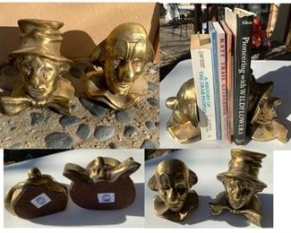 #28) $16 NOW 20% OFF (was $20 ) Vintage Brass Bookends Set of Clowns with label PM Craftsman of Lakeland Florida. Normal Wear as shown. Each Bookend Measures approx 61/2” tall x 4” wide.