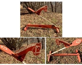 #42) $40 Cals Colt 1950s Steelbar Spring Hobby Horse Toy. Original  Paint. Has been repaired long ago. As is as shown and note rough area top of mane. Measures approx 32” tall x 42” long. (1 of 2 Views) 