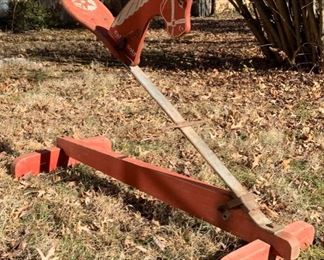 #42) $40 Cals Colt 1950s Steelbar Spring Hobby Horse Toy. Original  Paint. Has been repaired long ago. As is as shown and note rough mane area. Measures approx 32” tall x 42” long. (1 of 2 Views) 